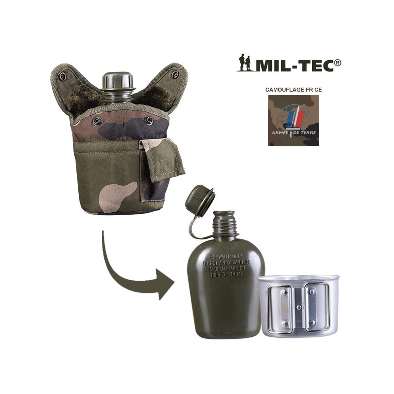 Gourde ~1l, avec housse et quart, camouflage armée française Gourde ~1l, avec housse et quart, camouflage armée française