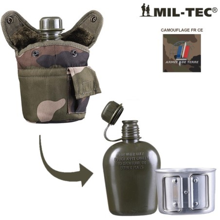 Gourde ~1l, avec housse et quart, camouflage armée française