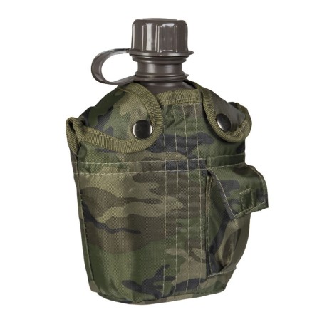Gourde plasqtique militaire US verte + housse camouflage forêt