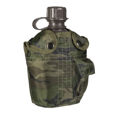 Gourde plasqtique militaire US verte + housse camouflage forêt