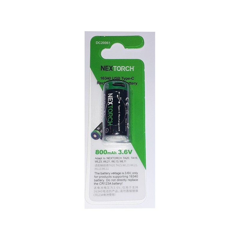 Pile rechargeable USB 16340 3.6V 800 mAh (remplace une CR123A)