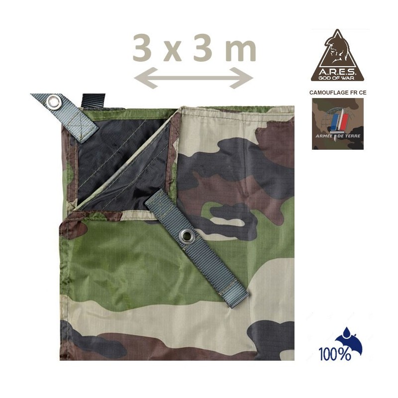 Bache 3x3 m ARES, camouflage armée française Bache 3x3 m ARES, camouflage armée française