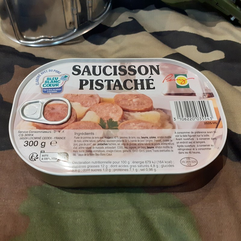 Ration de combat (conserve) Purée et saucisson pistaché - DL : 09/2027 Ration de combat (conserve) Purée et saucisson pistaché - DL : 09/2027