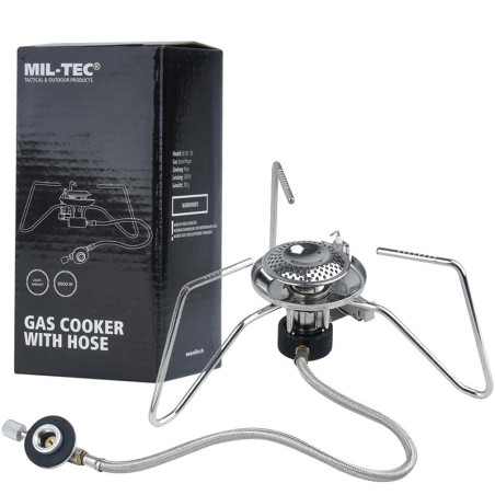 Réchaud à gaz pliable Mil-Tec 3500 W avec tuyau flexible et allumage piézo EN417